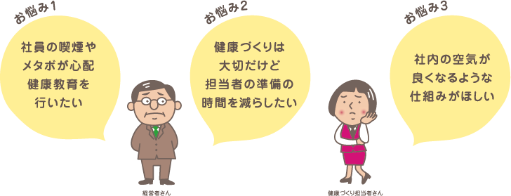 お悩み1：社員の喫煙やメタボが心配 健康教育を行いたい。お悩み2：健康づくりは大切だけど担当者の準備の時間を減らしたい。お悩み3：社内の空気が良くなるような仕組みがほしい