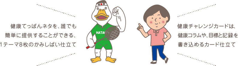 健康てっぱんネタを、誰でも簡単に提供することができる、1テーマ8枚のかみしばい仕立て。健康チャレンジカードは、健康コラムや、目標と記録を書き込めるカード仕立て