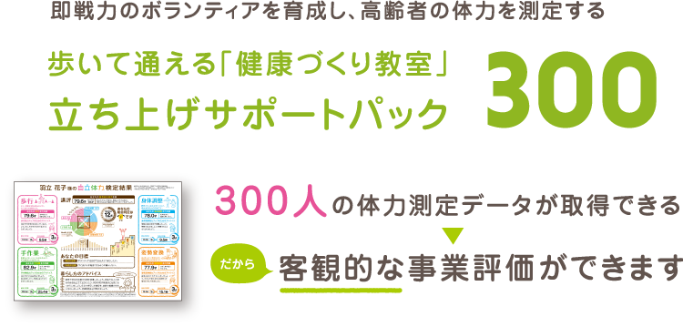即戦力のボランティアを育成し、高齢者の体力を測定する 歩いて通える「健康づくり教室」立ち上げサポートパック300 300人の体力測定データが取得できる、だから客観的な事業評価ができます